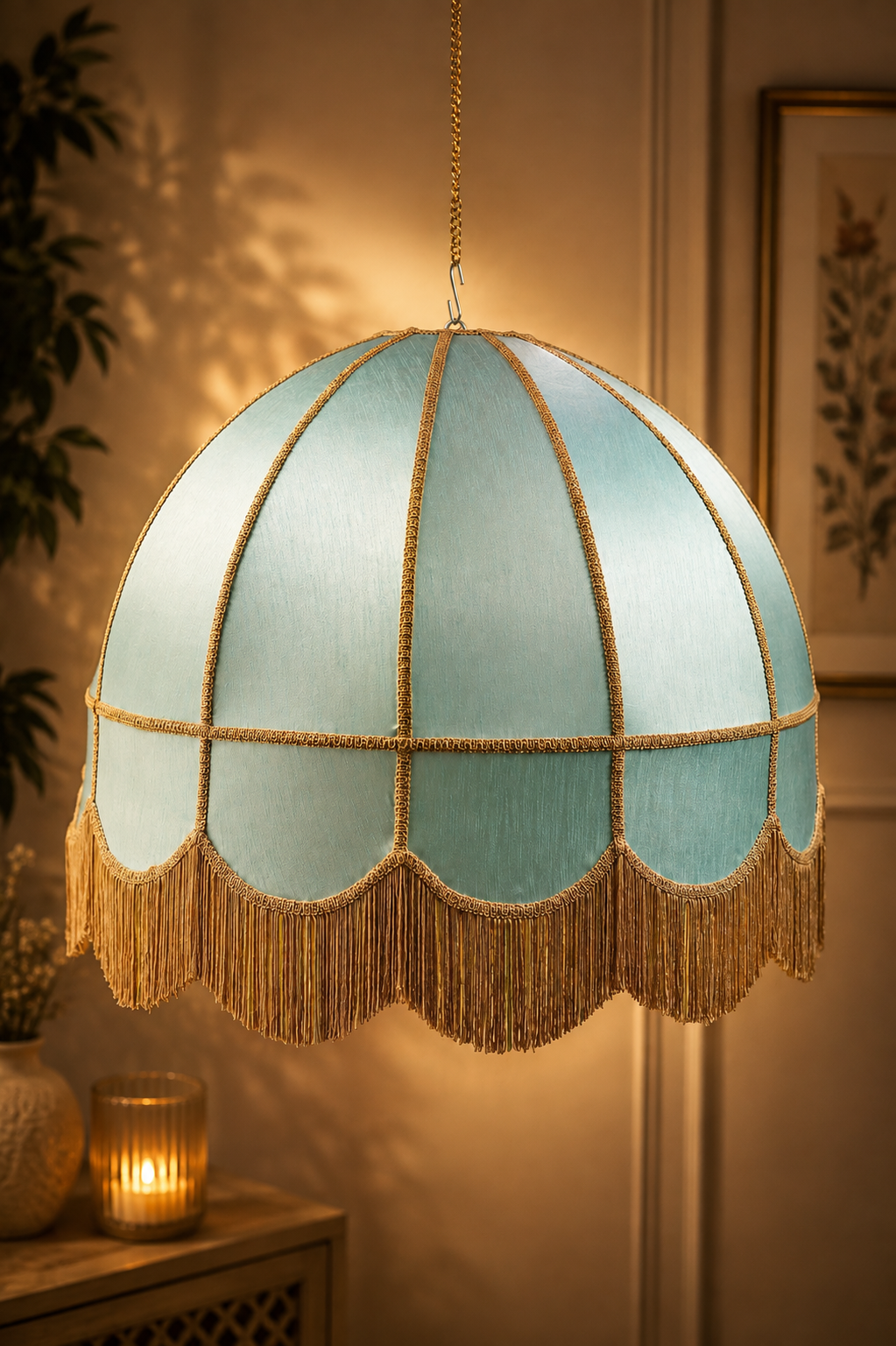 Serene Sky – Blue & Gold Vintage Fringe Lampshade