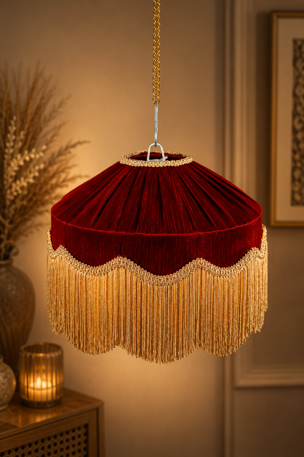 Crimson Royale - Velvet and Gold Fringe Shade