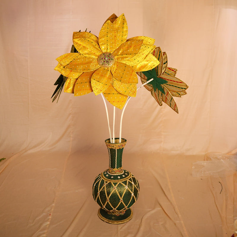 Designer Handwork Pot With Set Of 3 Fabric Flowers